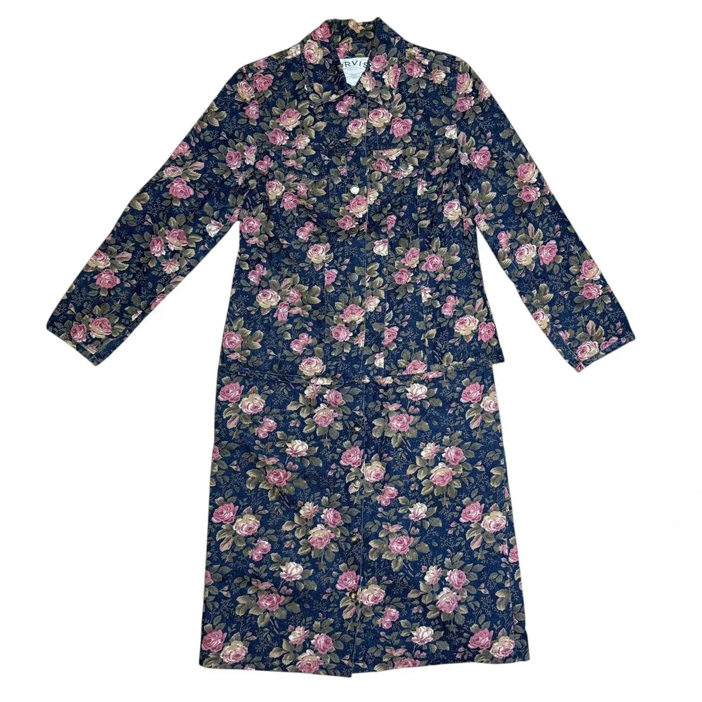 Orvis Floral Denim Jean Jacket Skirt Set Roses Button Up Y2K Cottagecore Grandma
